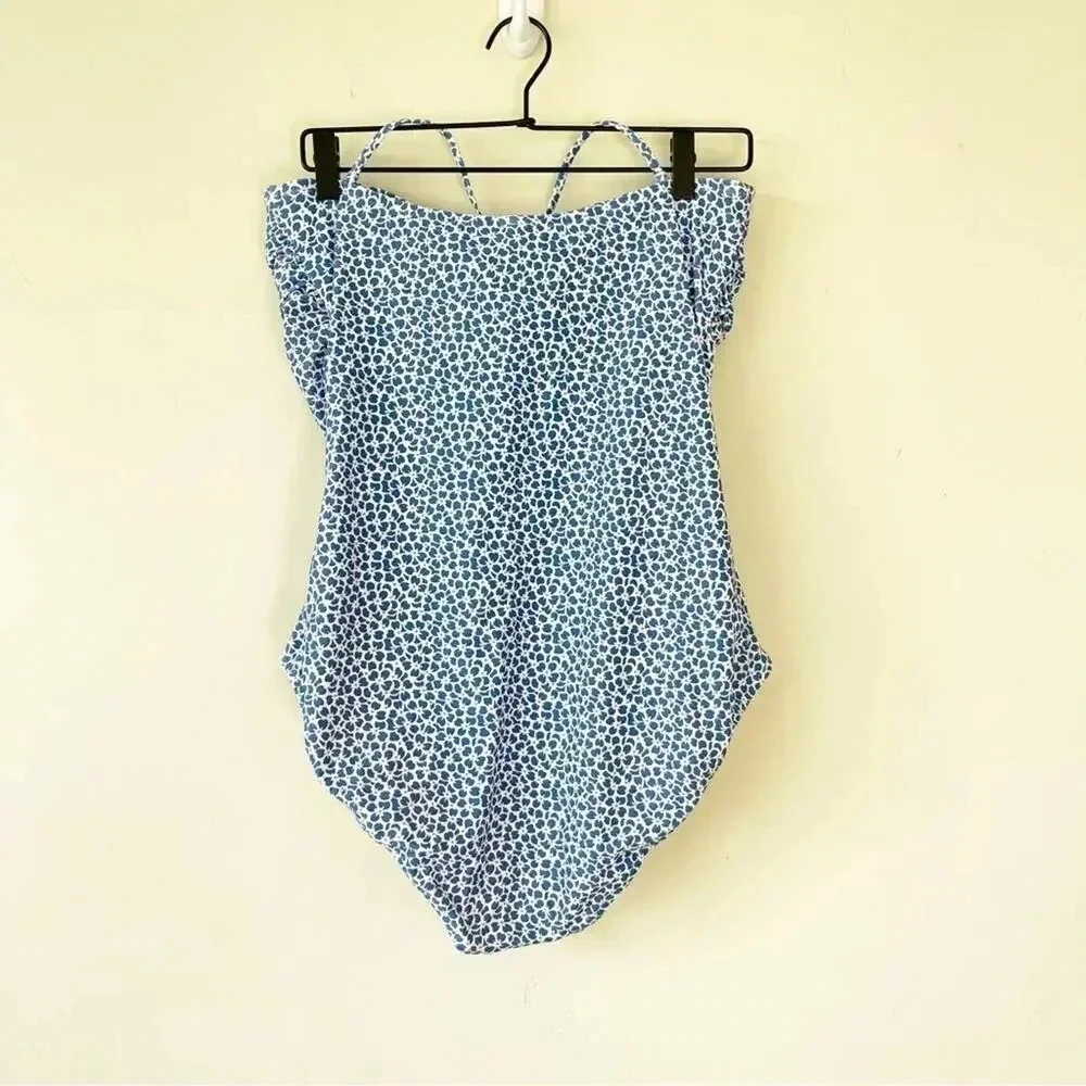 J Crew Factory Printed strapless one piece swimsuit Seacoast Blue Size XL NWT